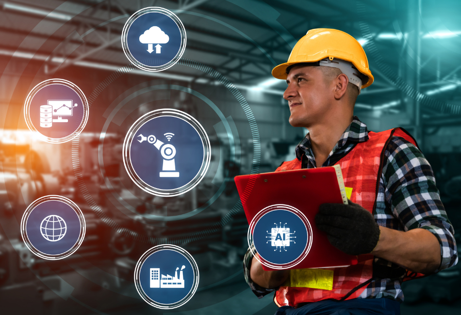 man in hard hat holding tablet looks smart manufacturing icons