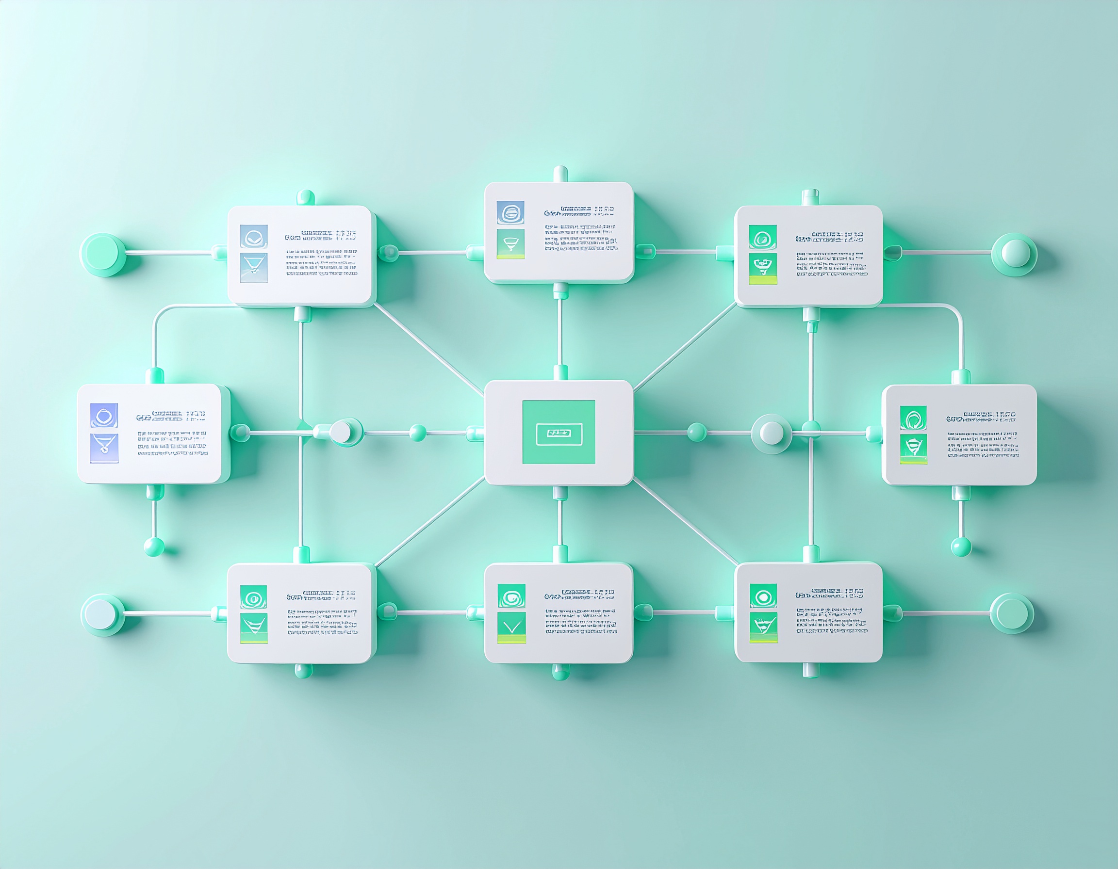 Visualisierung eines SAP Application Management Workflows: Zentrales Element mit acht verbundenen Prozessknoten für Application Support, Advisory und Compliance Services – ideal für AMS SAP Support und effiziente SAP-Anwendungsbetreuung.
